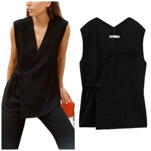 Zara V-Neck Wrap Front Self Tie Sleeveless Vest Top in Black